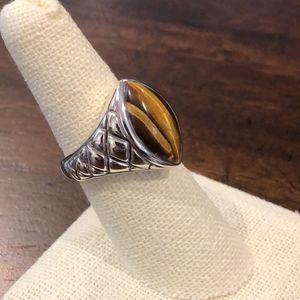 Vintage Cross Hatch Sterling Silver Marquise Cut Tigers Eye Ring Sz 6-3/4